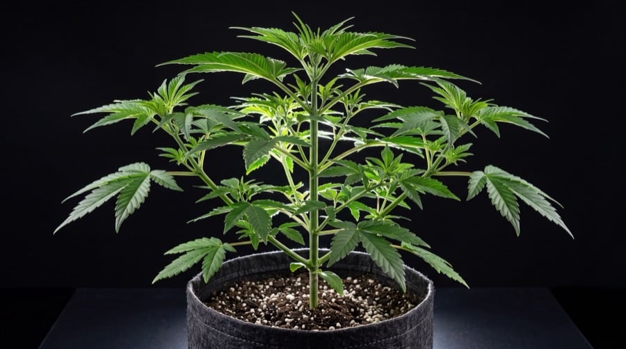 Healthy cannabis plant thriving in a growing medium during the vegetative stage, with strong stems and vibrant green leaves.