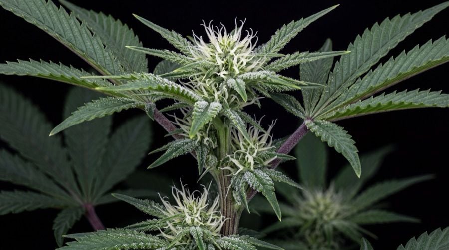 Healthy cannabis plant developing buds during the flowering stage.