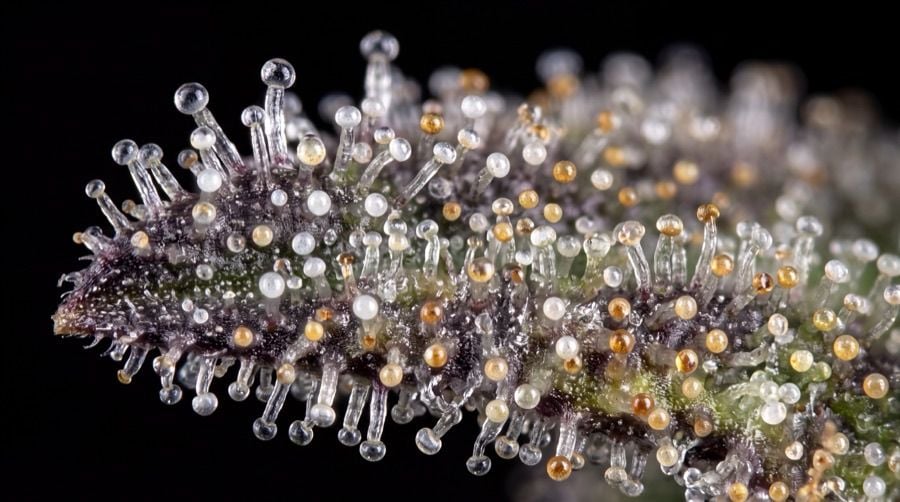 Three-panel macro close-up showing cannabis trichome progression from clear to cloudy to amber, indicating harvest readiness stages.