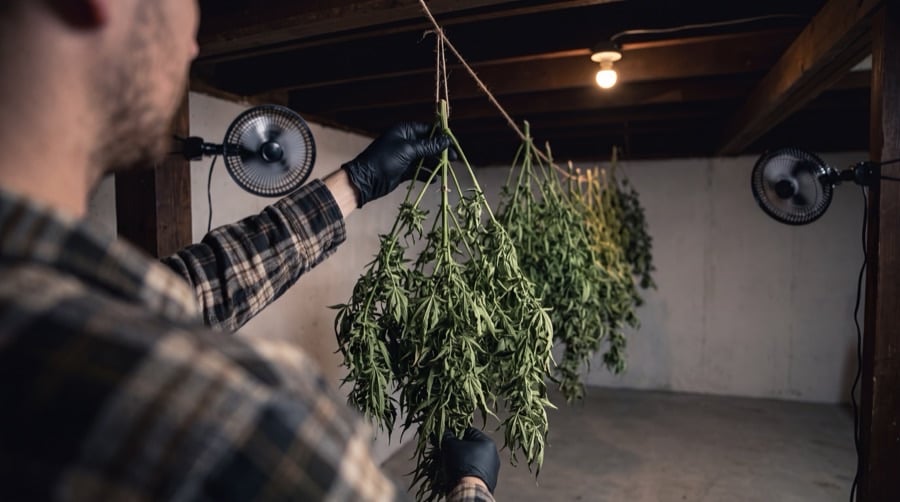 Trimmed cannabis branches hanging upside down in a dark room, allowing the buds to dry slowly before being placed in jars to cure.