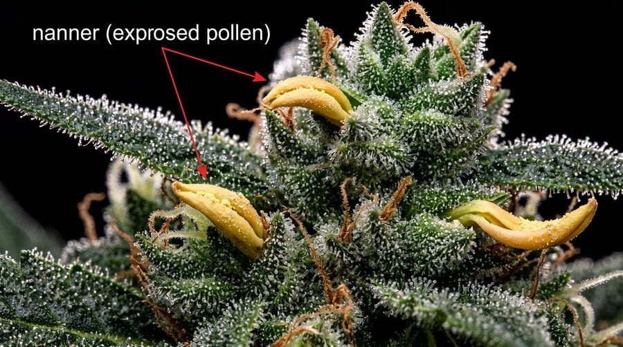 A close-up of a cannabis bud with tiny yellow, banana-shaped “nanners” pushing out from between the flowers.