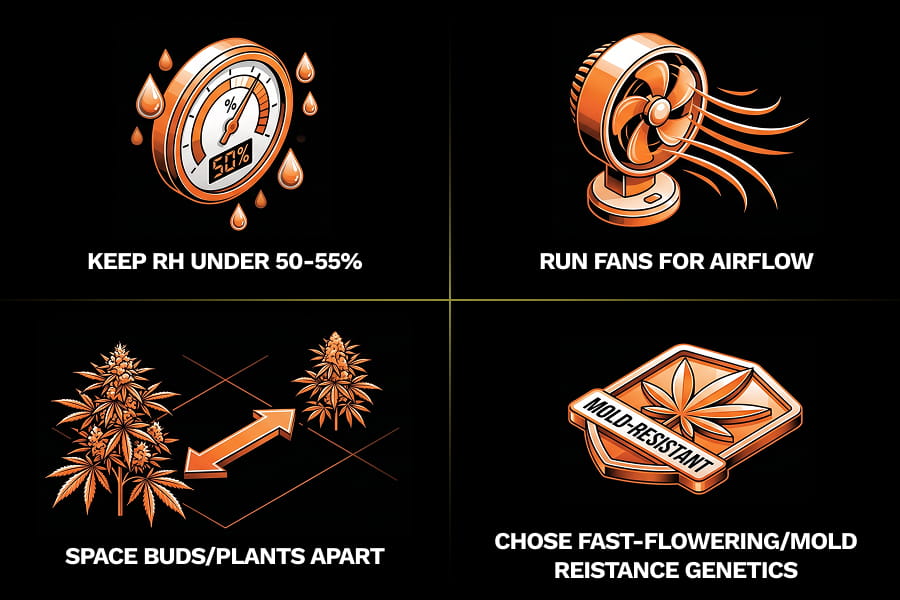 Checklist infographic of four ways to prevent bud rot in cannabis.