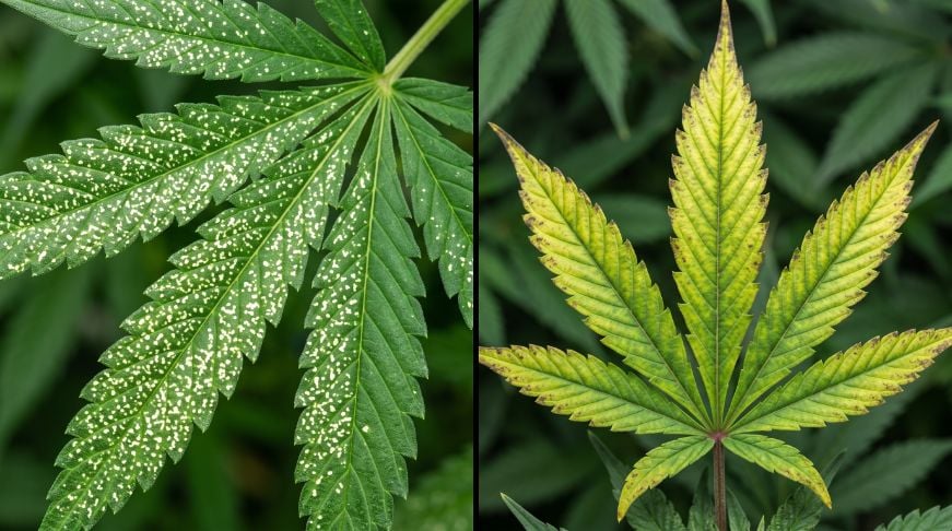 Close-up of cannabis leaf showing yellow-white stippling from spider mite feeding damage.