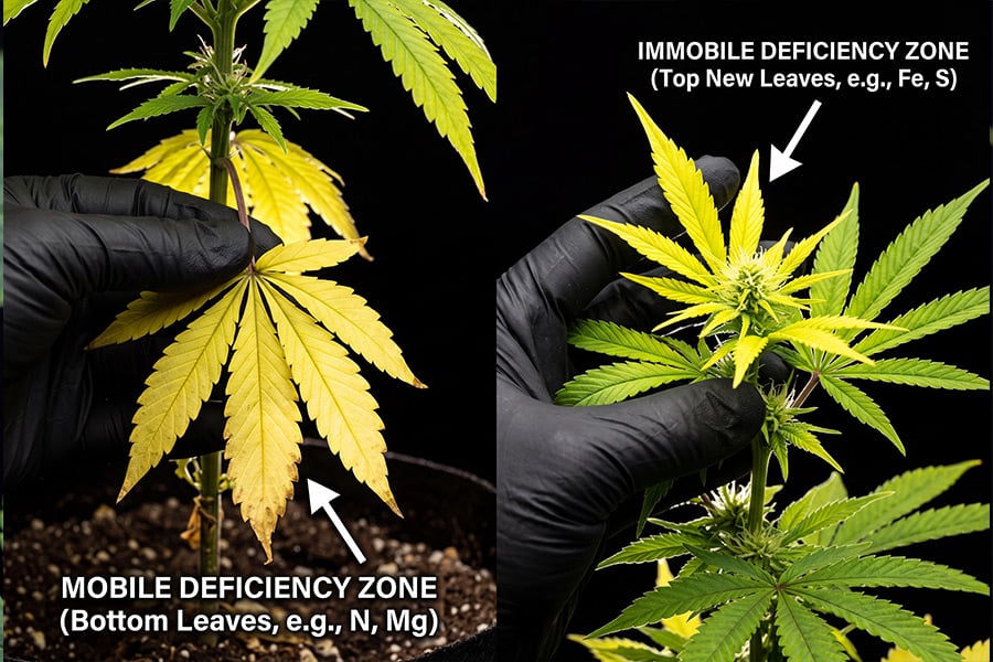 Side-by-side image showing mobile nutrient problems on the older lower leaves, while immobile nutrient issues appear on the newer growth at the top.