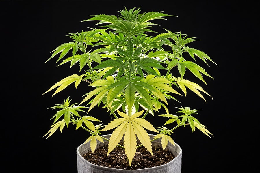 A cannabis plant showing signs of nitrogen deficiency, with the lower leaves turning yellow while the newer growth stays mostly green.