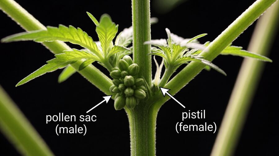  Cannabis plant showing round pollen sacs and pistals forming at the nodes, where the branches meet the main stem.