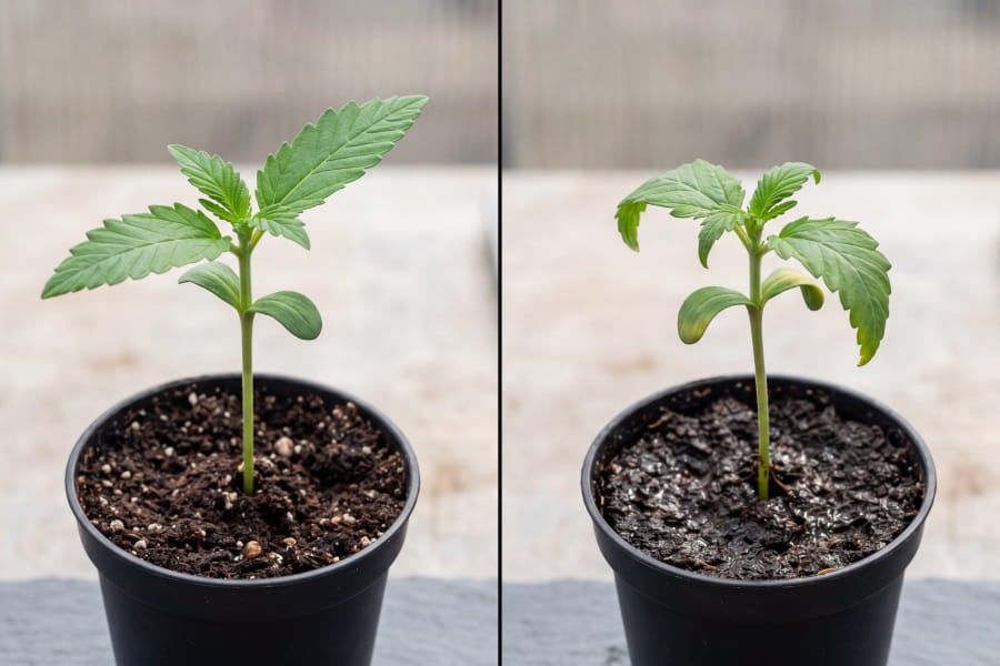 Comparison of a healthy cannabis seedling, an overwatered drooping seedling, and a stretched leggy seedling