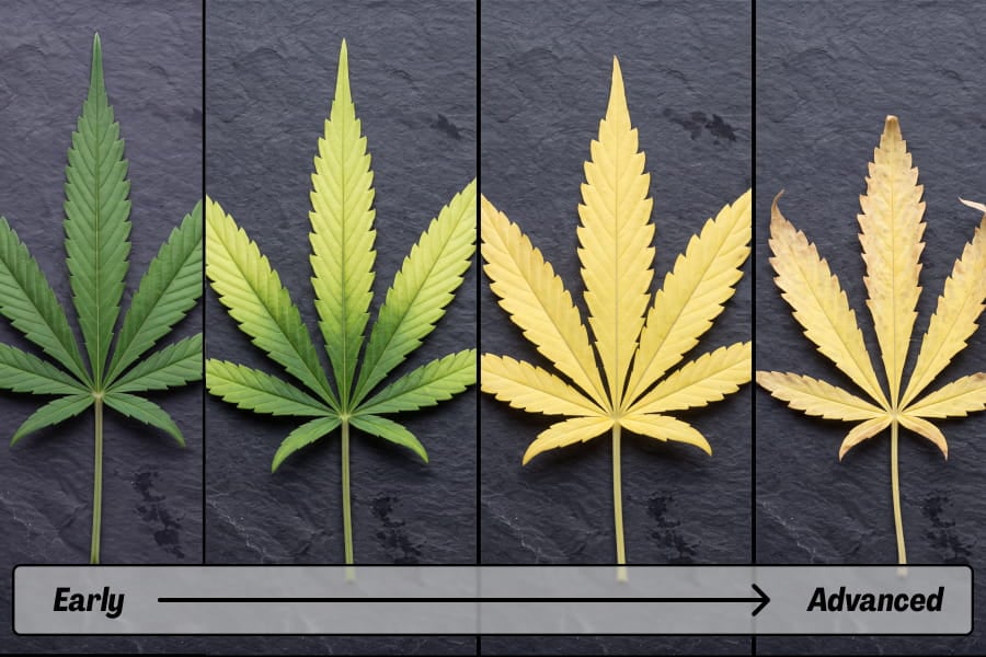 Split image showing nitrogen deficiency progression from pale lime-green to yellow, folding cannabis leaves.