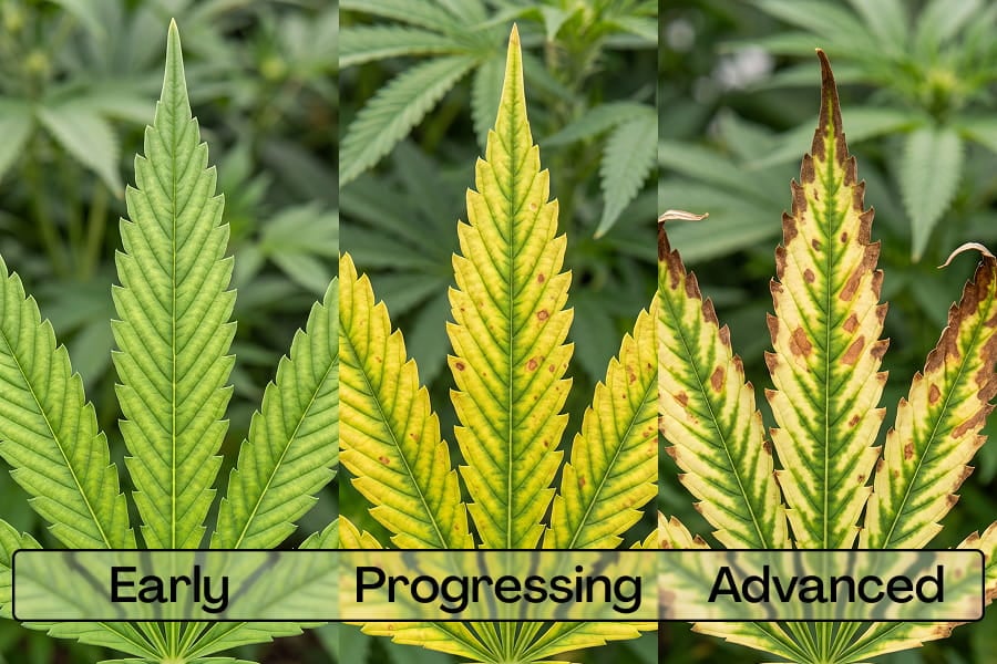Comparison of early, progressing, and advanced magnesium deficiency stages on cannabis leaves.