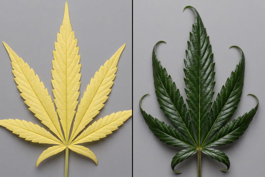Side-by-side comparison of a nitrogen-deficient cannabis leaf and a nitrogen-toxic, clawed cannabis leaf.
