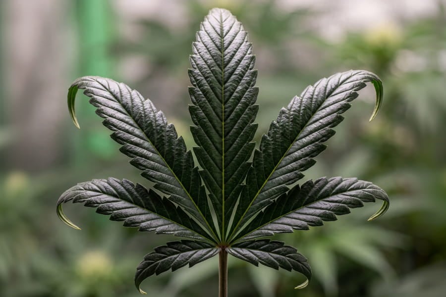 Close-up of a single cannabis leaf with the dark, glossy color and downward curl typical of nitrogen toxicity.