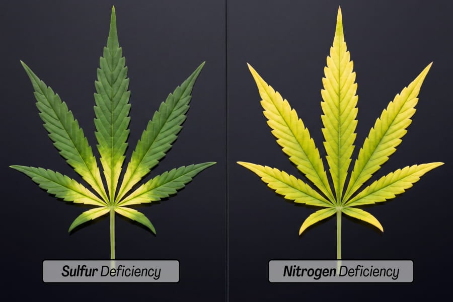 Side-by-side comparison of sulfur deficiency vs. nitrogen deficiency leaf patterns.