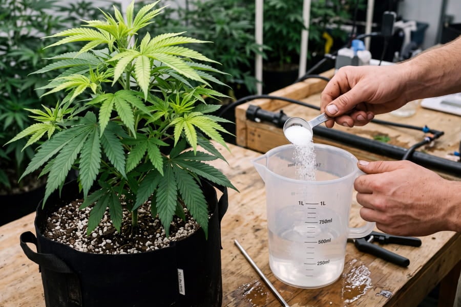 Applying Epsom salt solution to treat cannabis sulfur deficiency.