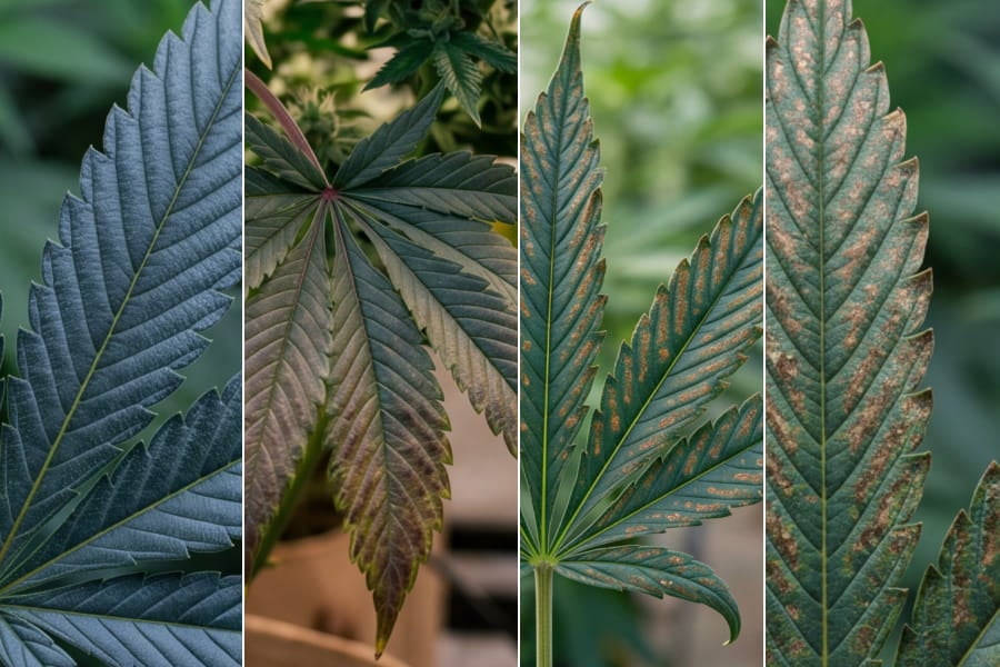 Three-stage progression of a phosphorus-deficient cannabis leaf, from dark green to bronze spotting to curled, browning edges.
