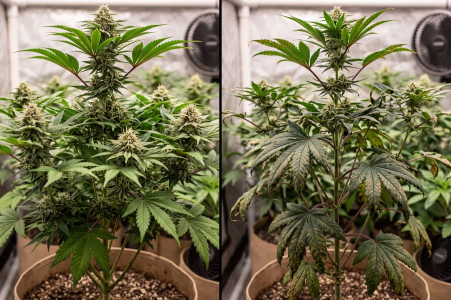 Side-by-side comparison of naturally purple cannabis stems versus true phosphorus-deficient stems with spotted leaves.