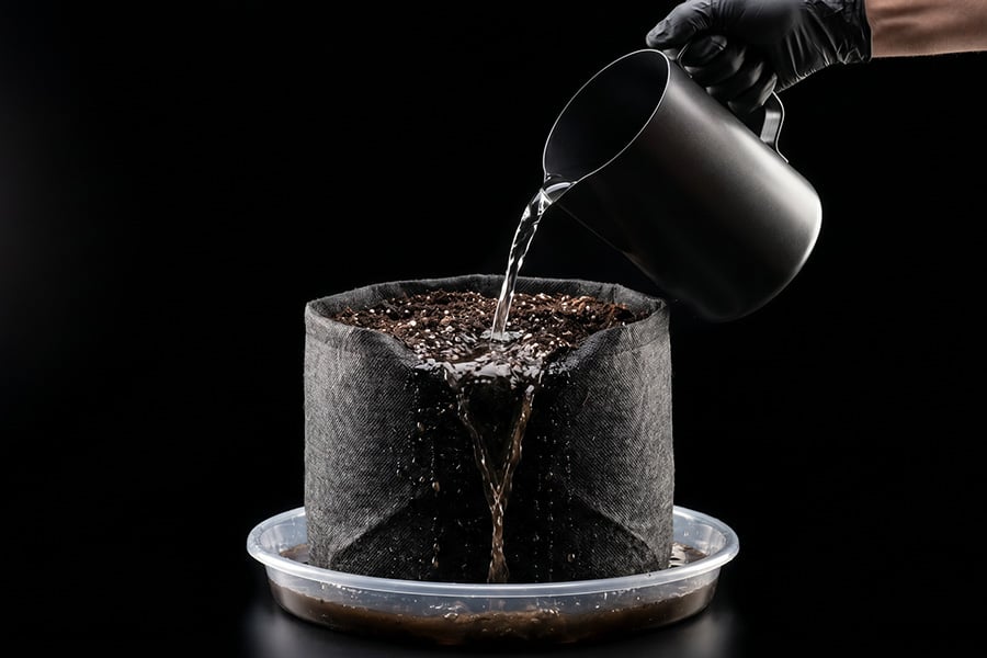 Flushing a cannabis soil pot with water to fix nutrient burn.