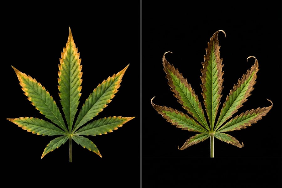 Comparison of mild versus advanced cannabis nutrient burn on leaves.