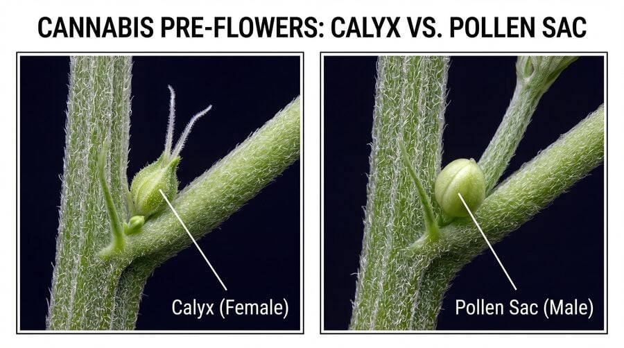 A side-by-side comparison between female calyx with white hairs next to a male pollen sac, making it easy to tell normal female growth from male parts.