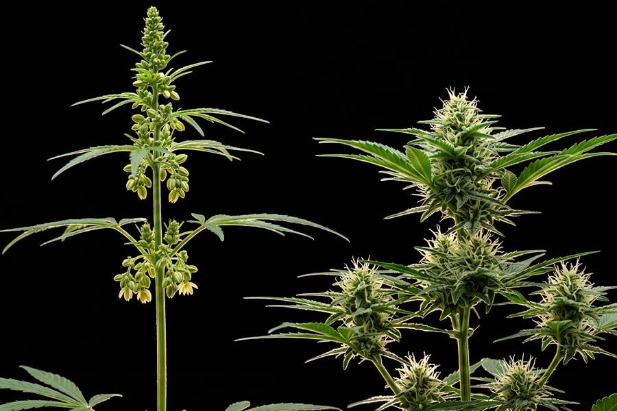 A male cannabis plant with tall and leafy branches.