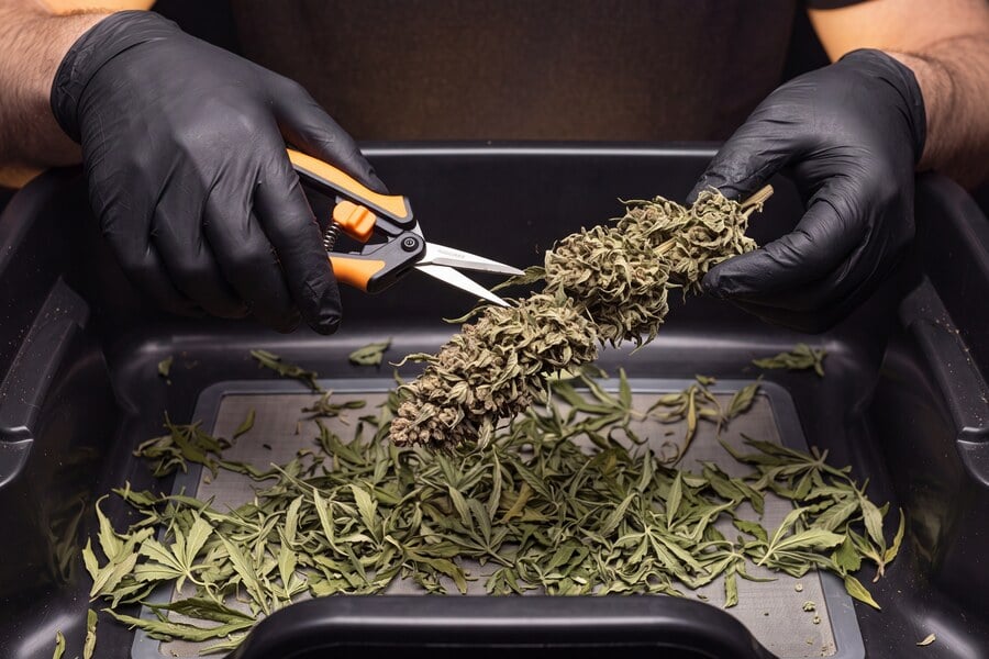 The larger fan leaves are carefully cut from the cannabis branches and collected in a tray, making the buds easier to see and trim.