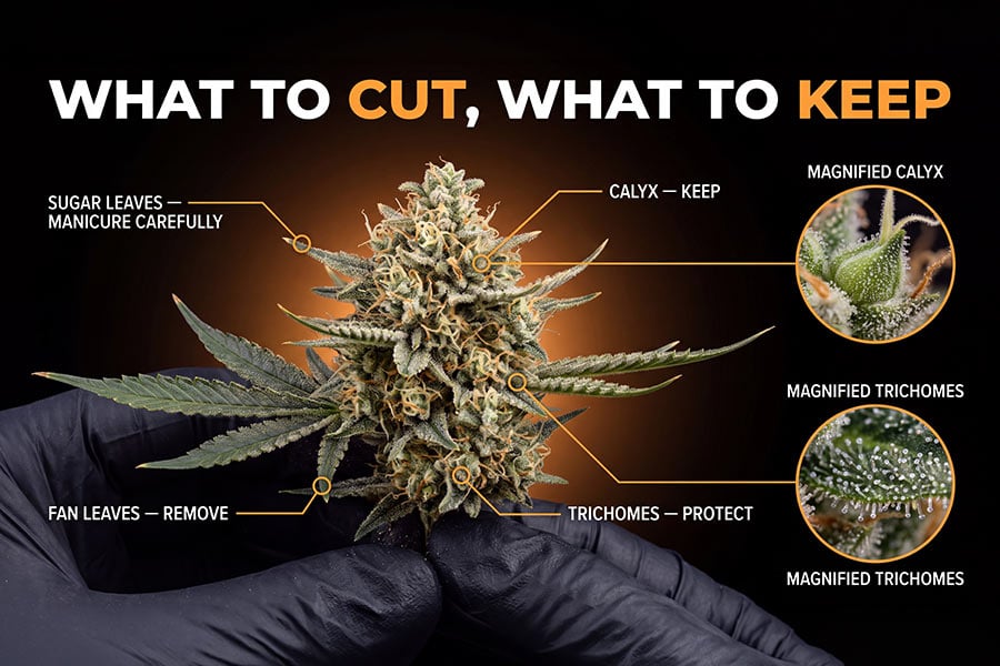 A fresh cannabis bud with arrows showing what to cut and keep during wet trimming, which means removing extra leaves right after harvest while the bud is still moist.