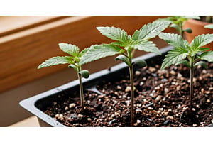 Cannabis seedlings in small pots showing cotyledons and first true leaves at the early seedling stage.