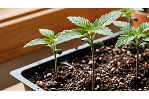 Cannabis seedlings in small pots showing cotyledons and first true leaves at the early seedling stage.