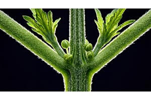 Close-up of a male cannabis pre-flower at a node, showing a small round smooth sac with no white hairs.