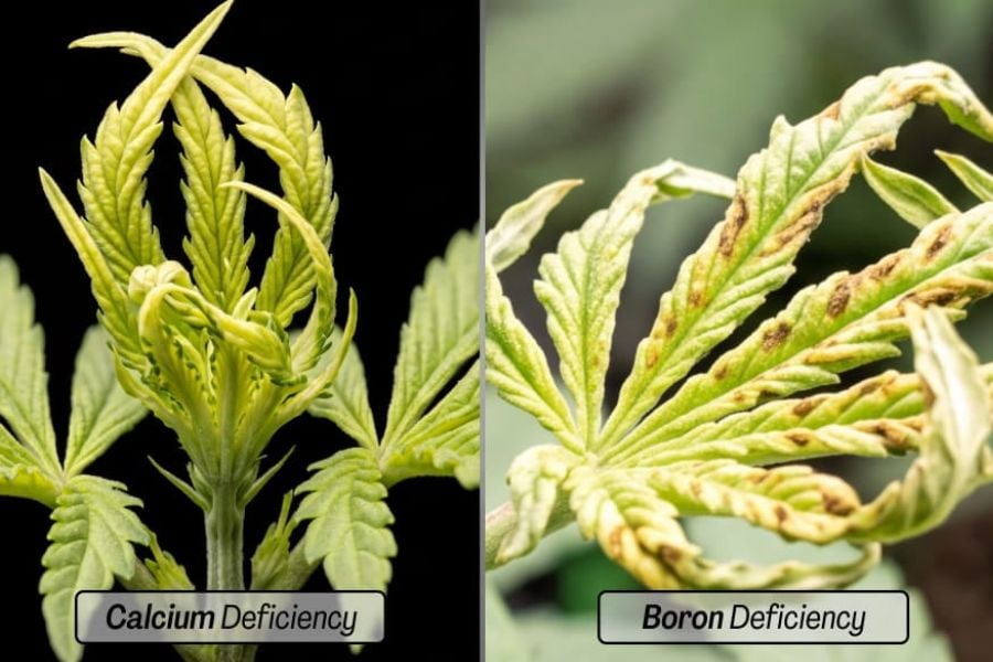Cannabis boron deficiency vs calcium deficiency compared side by side.