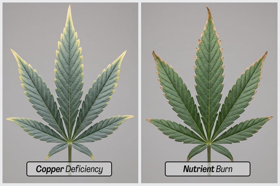Comparison of copper deficiency and nutrient burn on cannabis leaves.