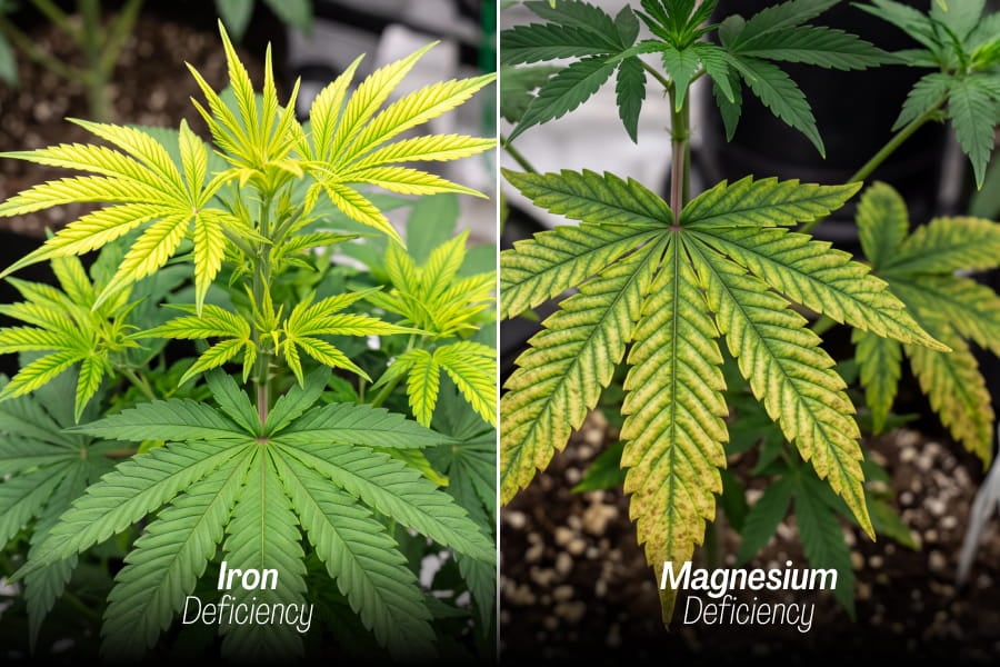 Iron deficiency on new cannabis growth compared to magnesium deficiency on older leaves