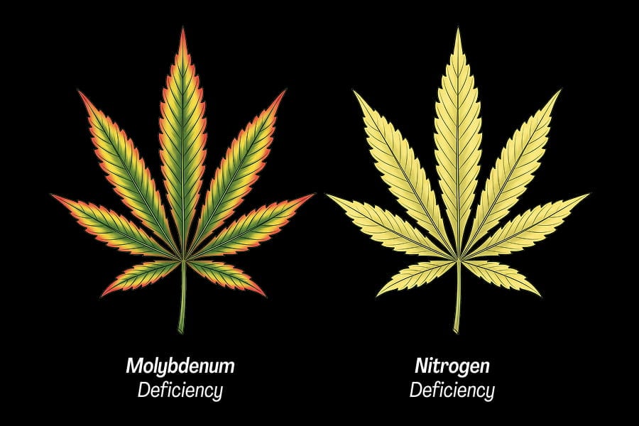 Molybdenum vs nitrogen deficiency: the red edge and mid-plant location set molybdenum apart — correct pH first, don't just add nitrogen.