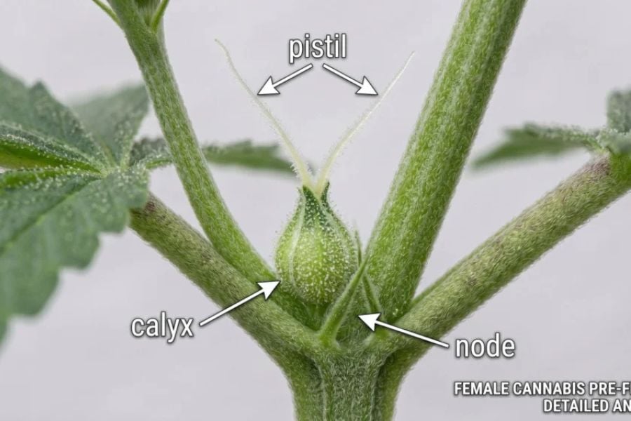 Female cannabis pre-flower anatomy showing the pistils, calyx, and node.