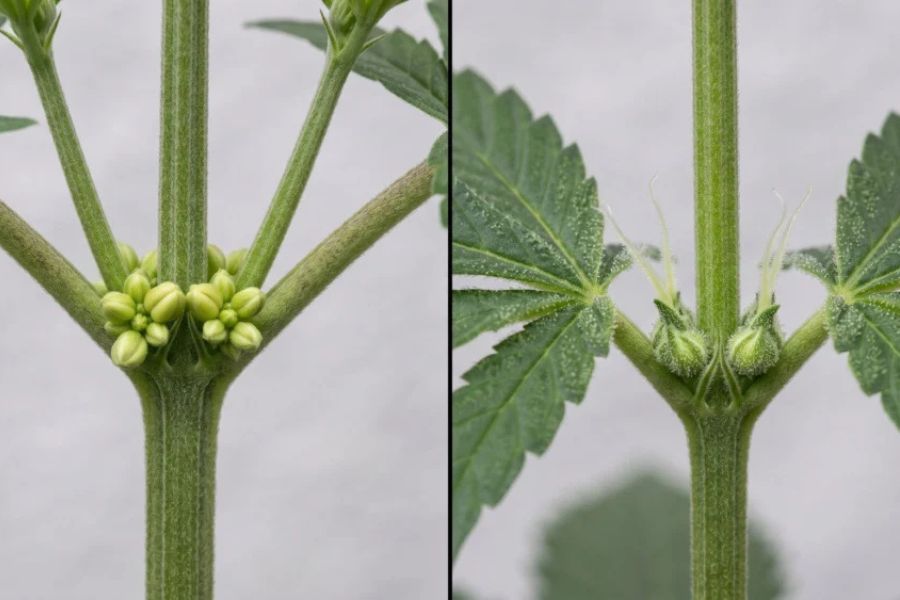 Male vs female cannabis pre-flowers compared side by side at the nodes.
